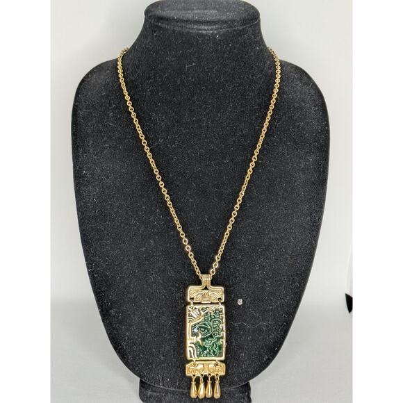 SALVADOR TERAN MARBEL Gold Plated Green Aztec Face Mask Designer Necklace 25" - Picture 2 of 8